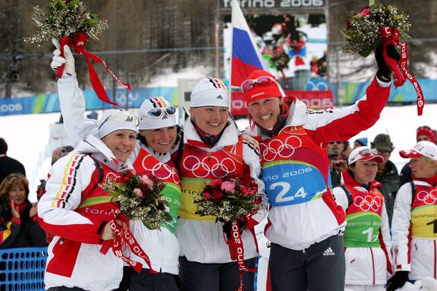 Biathlon women s relay silver medal Olympic Games 2006 was taken in San Sicario on 23 02 2006 the successful women s relay from left Martina Glagow Andrea Henkel, Katrin Apel Kati Wilhelm San Sicario Italy