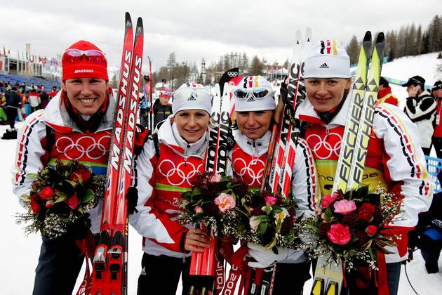 Biathlon women s relay silver medal Olympic Games 2006 was taken in San Sicario on 23 02 2006 the successful women s relay from left Kati Wilhelm Martina Glagow Andrea Henkel, Katrin Apel San Sicario, Italy