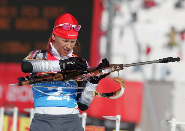 Biathlon women s relay silver medal Olympic Games 2006 recorded in San Sicario on 23 02 2006 Kati Wilhelm with gun shoot San Sicario, Italy