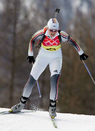 Biathlon women s relay silver medal Olympic Games 2006 was taken in San Sicario on 23 02 2006 Katrin Apel action San Sicario, Italy