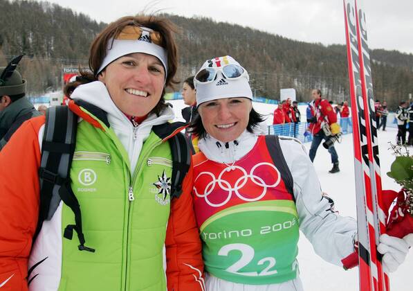 Biathlon women s relay silver medal Olympic Games 2006 was taken in San Sicario on 23 02 2006 Manuela and Andrea Henkel after the race in San Sicario, Italy