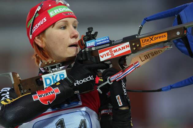 Kati Wilhelm with gun recorded at the Biathlon World Cup in Östersund on 6 12 2009 Östersund Sweden