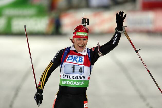 Kati Wilhelm action cheering at the finish recorded at the Biathlon World Cup in Östersund on 6 12 2009 Östersund Sweden