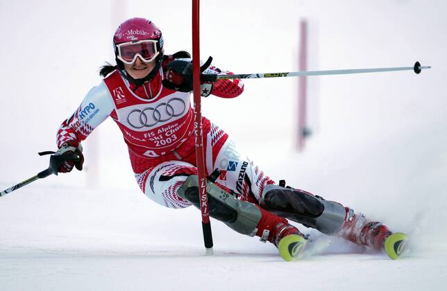 Alpine Ski Weltmeisterschaften 2005 in Bormio Italien Janica Kostelic beim Slalom - Aktion , Bormio Italien