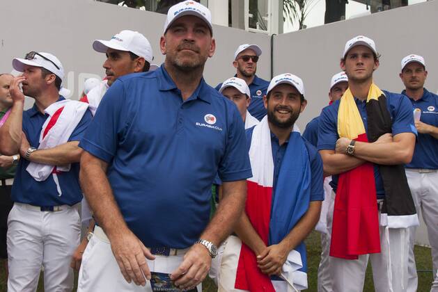 January 14, 2018 - Kuala Lumpur, Kuala Lumpur, Malaysia - Thomas Bjorn is seen with the Team Europe member at the EurAsia Cup 2018....EurAsia Cup is a biennial men professional team golf tournament between Europe and Asia presented by DRB-HICOM. It is held on 12th 14th January 2018 at Glenmarie Golf & Country Club. Team Asia will be lead by Arjun Atwal (India) as a captain for the team and the vice captain Zhang Lainwei (China) while for the team Europe Thomas Bjorn (Denmark) will be the captain. The Team Europe has win the EurAsia Cup for this year. Malaysia: EurAsia golf tournament Winning ceremony - ZUMAs197 81558936st Copyright: xFarisxHadziqx xSopaxImagesx