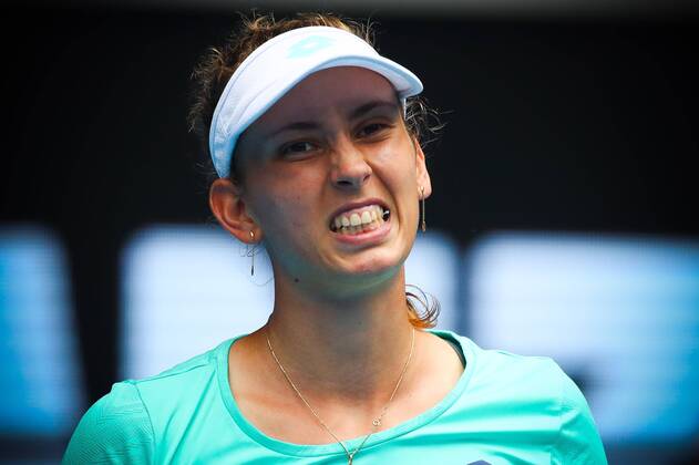 Belgian Elise Mertens reacts during a tennis match between Belgian Elise Mertens WTA Tennis Damen 37) and Croation Petra Martic (WTA 89), in the fourth round of the women s singles tournament at the Australian Open tennis Grand Slam, Sunday 21 January 2018 in Melbourne Park, Melbourne, Australia. This first grand slam of the season will be taking place from 15 to 28 January. PATRICKxHAMILTON x05280080x