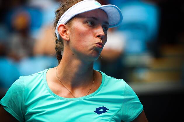 Belgian Elise Mertens reacts during a tennis match between Belgian Elise Mertens WTA Tennis Damen 37) and Croation Petra Martic (WTA 89), in the fourth round of the women s singles tournament at the Australian Open tennis Grand Slam, Sunday 21 January 2018 in Melbourne Park, Melbourne, Australia. This first grand slam of the season will be taking place from 15 to 28 January. PATRICKxHAMILTON x05280078x