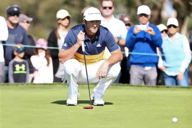 January 27, 2018 - San Diego, California, United States - Jon Rahm lines up a putt on the first green during the third round of the 2018 Farmers Insurance Open at Torrey Pines GC. Golf 2018: Farmers Insurance Open - Round 3 - ZUMAw109 20180127_zap_w109_016 Copyright: xDebbyxWongx