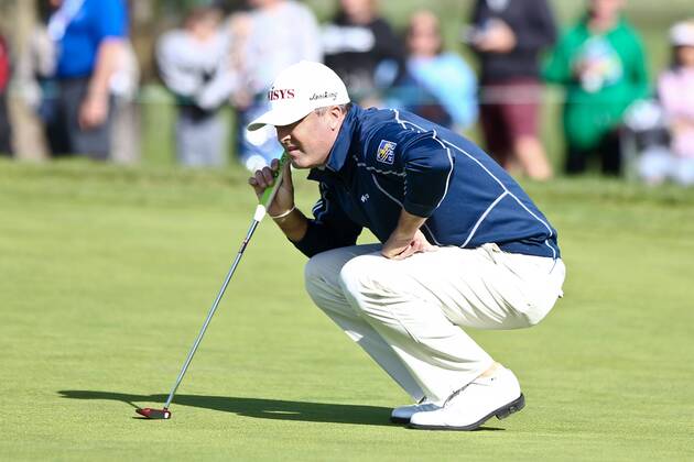 January 27, 2018 - San Diego, California, United States - Ryan Palmer lines up a putt on the first green during the third round of the 2018 Farmers Insurance Open at Torrey Pines GC. Golf 2018: Farmers Insurance Open - Round 3 - ZUMAw109 20180127_zap_w109_021 Copyright: xDebbyxWongx