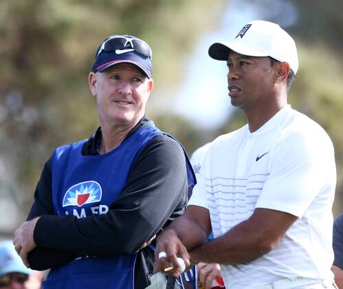January 27, 2018 - San Diego, California, United States - Tiger Woods (R) and caddie Joe LaCava wait on the 18th tee during the third round of the 2018 Farmers Insurance Open at Torrey Pines GC. Golf 2018: Farmers Insurance Open - Round 3 - ZUMAw109 20180127_zap_w109_043 Copyright: xDebbyxWongx