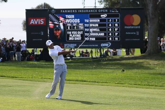 January 27, 2018 - San Diego, California, United States - Tiger Woods hits a fairway shot during the third round of the 2018 Farmers Insurance Open at Torrey Pines GC. Golf 2018: Farmers Insurance Open - Round 3 - ZUMAw109 20180127_zap_w109_063 Copyright: xDebbyxWongx