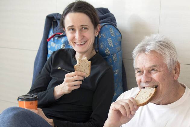Czech speed skaters Martina Sablikova (L) and his coach Petr Novak eat bread named Karel during the visit of journalists in the Olympic Village, Gangneung, South Korea, on Tuesday, February 6, 2018, prior to the 2018 Winter Olympics in Pyeongchang. (CTKxPhoto RobertxTesar) CTKPhotoP201802060742201  kmt 3 K