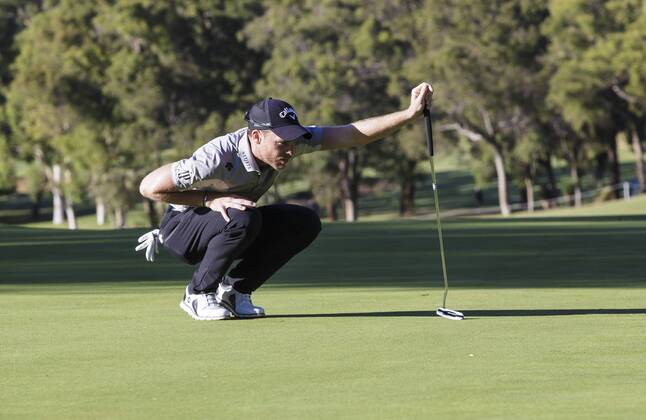 9th February 2018, Lake Karrinyup Country Club, Karrinyup, Australia; ISPS HANDA World Super 6 Perth golf, second round; Danny Willett (ENG) lines up his putt  ActionPlus11983368