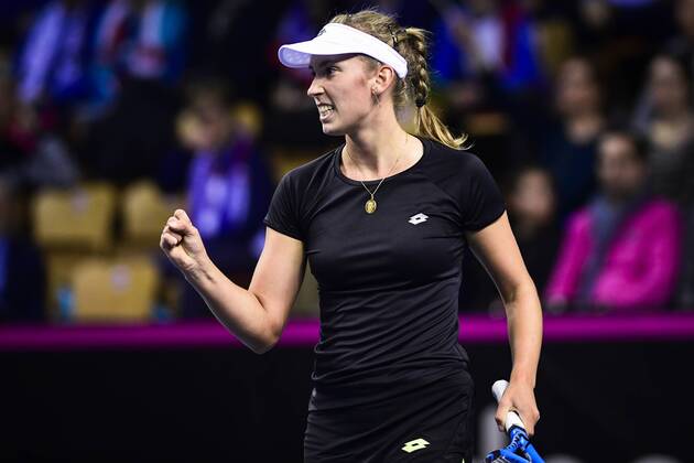 Belgian Elise Mertens reacts during a tennis game between French Pauline Parmentier WTA Tennis Damen 91) and Belgian Elise Mertens (WTA 20), the first rubber of this weekend s Fed Cup World Group Round 1 meeting between France and Belgium in La Roche-sur-Yon, France, Saturday 10 February 2018. LAURIExDIEFFEMBACQ x05293544x