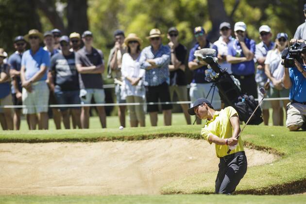 11th February 2018, Lake Karrinyup Country Club, Karrinyup, Australia; ISPS HANDA World Super 6 Perth golf, final round; Min Woo Lee (a) (AUS) plays from the bunker  ActionPlus11985000