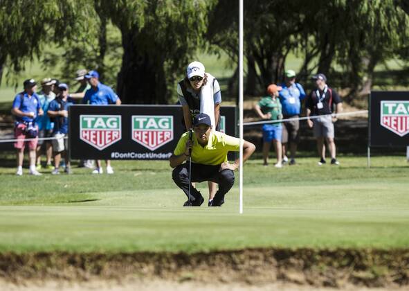11th February 2018, Lake Karrinyup Country Club, Karrinyup, Australia; ISPS HANDA World Super 6 Perth golf, final round; Min Woo Lee (a) (AUS) lines up his putt  ActionPlus11985053