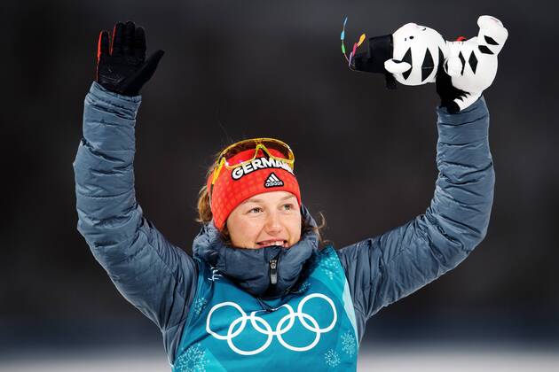 180215 Laura Dahlmeier of Germany bronze celebrate on the podium after the women s 15 km biathlon during day six of the 2018 Winter Olympics on February 15 2018 in Pyeongchang Photo Carl Sandin BILDBYRAN code CS 57999 295  Copyright: CARLxSANDIN BB180215CS078