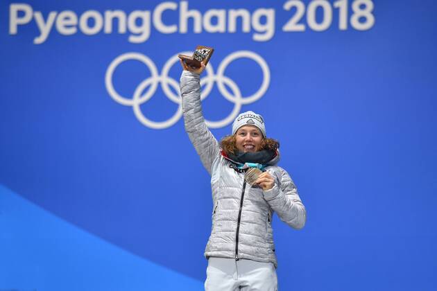 Laura DAHLMEIER GER with bronze medal joy joy enthusiasm biathlon 15 km individual of women victory ceremony PyeongChang Olympic medals Plaza ceremony on 16 02 2018 Winter Olympics 2018 from 09 02 25 02 2018 in PyeongChang of South Korea