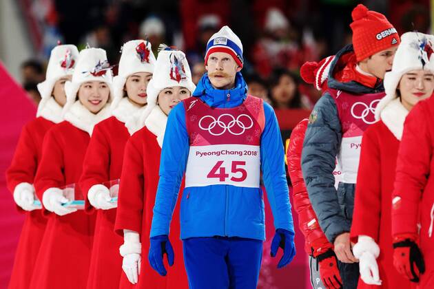 180217 Robert Johansson of Norway on his way to a ceremony after winning the bronze medal in the men s large hill individual final during day eight of the 2018 Winter Olympics on February 17 2018 in Pyeongchang Photo Carl Sandin BILDBYRAN code CS 57999 303  Copyright: CARLxSANDIN BB180217CS118