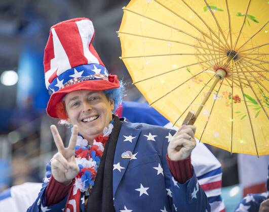 US Supporter Fan Dressed in Stars and Stripes Flag Flag Canada CAN United States of America USA 2 3 After Shootout n P Womens Ice Hockey Final Ice Hockey Women s Gold Medal Game Game 22 am 22 02 2018 2018 Winter Olympics 09 02 25 02 2018 in PyeongChang South Korea