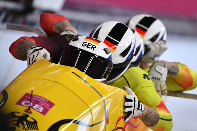 Bob Germany with WALTHER Nico KUSKE Kevin ROEDIGER Alexander FRANKE Eric Action Start pushing Bobsleigh Four Man Four-man Olympic Sliding Center on 25 02 2018 2018 Winter Olympics from 09 02 25 02 2018 in PyeongChang South Korea