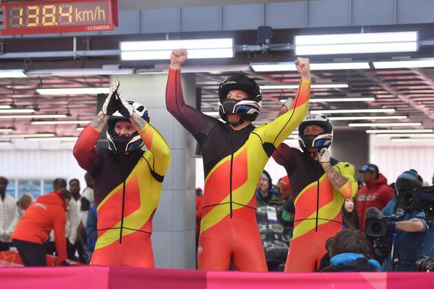 Bob Germany with WALTHER Nico KUSKE Kevin ROEDIGER Alexander FRANKE Eric Jubel Joy Enthusiasm for destination Bobsleigh Four Man Viererbob Olympic Sliding Center on 25 02 2018 2018 Winter Olympics from 09 02 25 02 2018 in PyeongChang South Korea