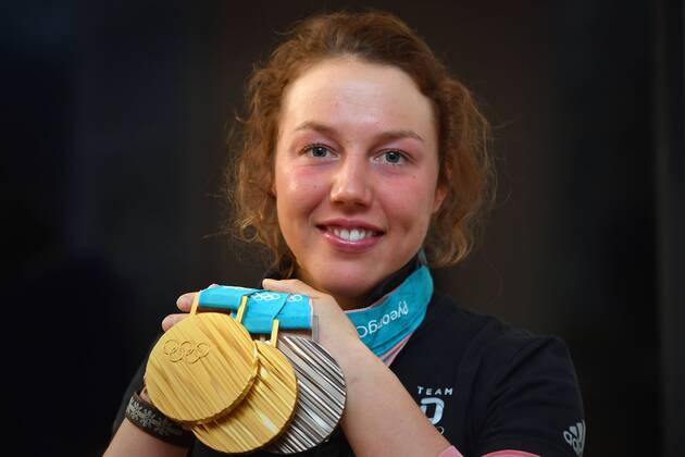 Double olympia winner Laura DAHLMEIER GER with her medals she won at the Olympic Winter Games 2018 in PyeongChang South Korea DSV press event with Laura DAHLMEIER on 02 03 2018 Biathlon