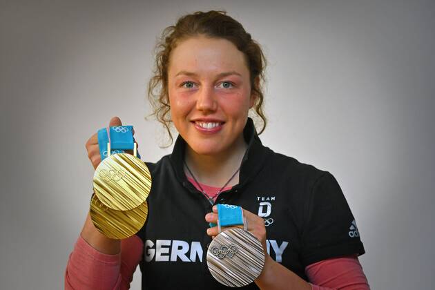 Double olympia winner Laura DAHLMEIER GER with her medals she won at the Olympic Winter Games 2018 in PyeongChang South Korea DSV press event with Laura DAHLMEIER on 02 03 2018 Biathlon