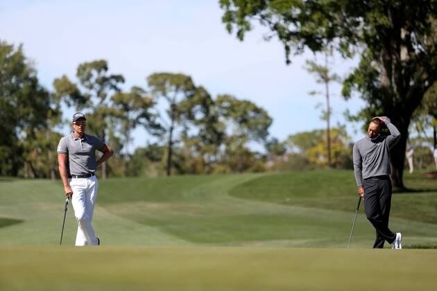 March 8, 2018 - Palm Harbor, Florida, U.S. - DOUGLAS R. CLIFFORD Times .Henrik Stenson, left, and Tiger Woods, rest at the 7th green while playing the Copperhead Course on Thursday (3 8 18) during the first round of the Valspar Championship at the Innisbrook Golf and Spa Resort in Palm Harbor. Golf 2018: Valspar Championship Pro-Am - ZUMAs70_ 20180308_zan_s70_054 Copyright: xDouglasxR.xCliffordx