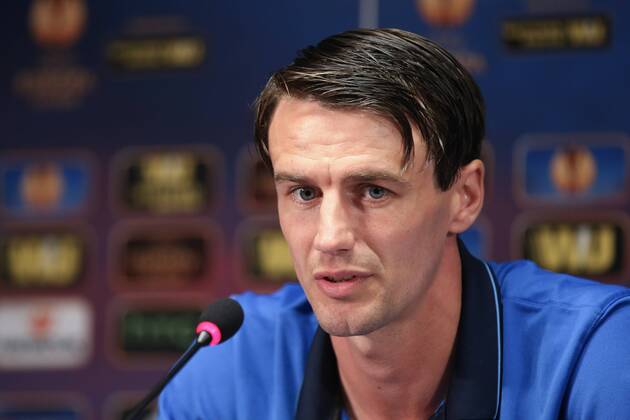 - BRUGGE, BELGIUM: Club s Davy De Fauw pictured during a press conference PK Pressekonferenz of Club Brugge, in Brugge stadium, Wednesday 15 April 2015. Belgian first league soccer team Club Brugge will play tomorrow a first leg quarter final game of Uefa Europa League competition against Ukrainian soccer club Dnipro. BRUNOxFAHY x78559991x