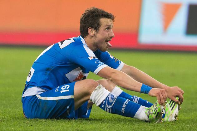 - GENT, BELGIUM: Gent s Brecht Dejaegere reacts during the Jupiler Pro League match between KAA Gent and Sporting Charleroi, Friday 08 May 2015 in Gent, on the seventh day of the Play-off 1. KURTxDESPLENTER x80805743x