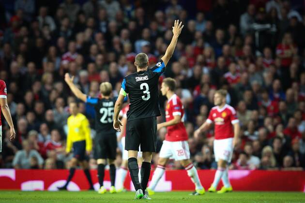 - MANCHESTER, UNITED KINGDOM: Club s Timmy Simons gestures during a soccer game between British club Manchester United ManU FC and Belgian team Club Brugge KV in Manchester, United Kingdom, Tuesday 18 August 2015, the first leg of the play-offs for the UEFA Champions League competition. BRUNOxFAHY x84379351x