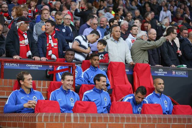 - MANCHESTER, UNITED KINGDOM: Club s Tom De Sutter, Club s Hans Vanaken, Club s Obbi Oulare, Club s Davy De Fauw, Club s Jean-Charles Castelletto, Club s Claudemir Domingues De Souza and Club s Sinan Bolat pictured on the bench during a soccer game between British club Manchester United ManU FC and Belgian team Club Brugge KV in Manchester, United Kingdom, Tuesday 18 August 2015, the first leg of the play-offs for the UEFA Champions League competition. BRUNOxFAHY x84380091x