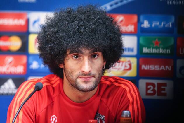 - BRUGGE, BELGIUM: Manchester s Marouane Fellaini pictured during a press conference PK Pressekonferenz of British soccer club Manchester United ManU in Brugge, Tuesday 25 August 2015. Tomorrow Belgian first league soccer team Club Brugge will play the return game of the play-offs of the Uefa Champions League competition against British soccer club Manchester United FC. Manchester United won the first leg 3-1. BRUNOxFAHY x84608958x