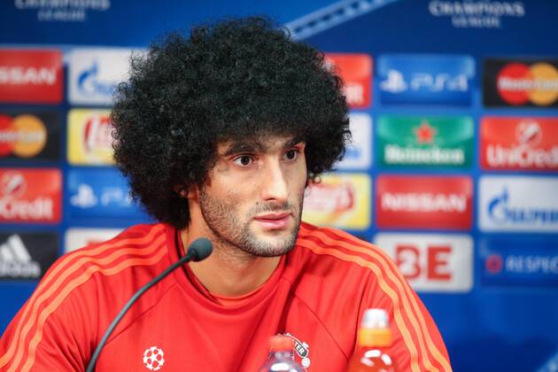 - BRUGGE, BELGIUM: Manchester s Marouane Fellaini pictured during a press conference PK Pressekonferenz of British soccer club Manchester United ManU in Brugge, Tuesday 25 August 2015. Tomorrow Belgian first league soccer team Club Brugge will play the return game of the play-offs of the Uefa Champions League competition against British soccer club Manchester United FC. Manchester United won the first leg 3-1. BRUNOxFAHY x84609091x