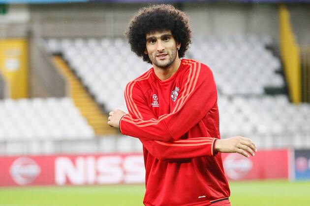 - BRUGGE, BELGIUM: Manchester s Marouane Fellaini pictured during a training session of British soccer club Manchester United ManU in Brugge, Tuesday 25 August 2015. Tomorrow Belgian first league soccer team Club Brugge will play the return game of the play-offs of the Uefa Champions League competition against British soccer club Manchester United FC. Manchester United won the first leg 3-1. BRUNOxFAHY x84611268x