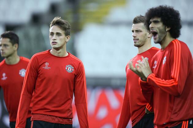 - BRUGGE, BELGIUM: Manchester s Adnan Januzaj and Manchester s Marouane Fellaini pictured during a training session of British soccer club Manchester United ManU in Brugge, Tuesday 25 August 2015. Tomorrow Belgian first league soccer team Club Brugge will play the return game of the play-offs of the Uefa Champions League competition against British soccer club Manchester United FC. Manchester United won the first leg 3-1. BRUNOxFAHY  x84611390x