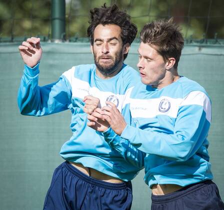 - GENT, BELGIUM: Gent s Rafinha Rafael Scapini de Almeida and Gent s Hannes Van der Bruggen pictured in action during a training of KAA Gent, in Gent, Tuesday 15 September 2015. Tomorrow Belgian first league soccer team KAA Gent will play the first game in the group stage of the Uefa Champions League competition against French Olympique Lyon. JASPERxJACOBS  x85227471x