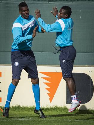 - GENT, BELGIUM: Gent s Kalifa Coulibaly and Gent s Moses Simon pictured in action during a training of KAA Gent, in Gent, Tuesday 15 September 2015. Tomorrow Belgian first league soccer team KAA Gent will play the first game in the group stage of the Uefa Champions League competition against French Olympique Lyon. JASPERxJACOBS  x85227593x