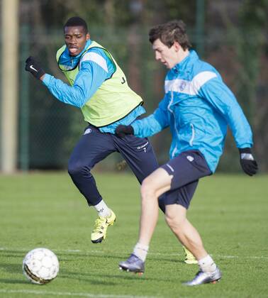 - GENT, BELGIUM: Gent s Kalifa Coulibaly and Gent s Benito Raman fight for the ball during a training session of Belgian first division soccer team KAA Gent, Thursday 10 December 2015, in Gent. Yesterday Gent won 2-1 against Russian club Zenit St Petersburg in the UEFA Champions League competition, managing to secure the second place in group H and thus qualifying for the Round of 16. JASPERxJACOBS  x88073090x