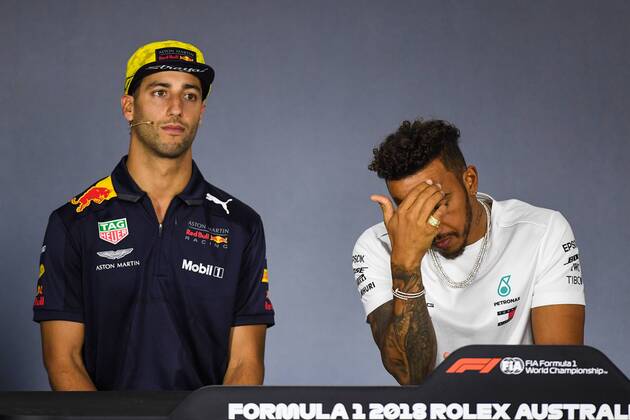 22nd March 2018, Melbourne Grand Prix Circuit, Melbourne, Australia; Melbourne Formula One Grand Prix, Arrivals and press conference PK Pressekonferenz Daniel Ricciardo (Australia) of Aston Martin Red Bull Racing and Lewis Hamilton (Great Britain) of Mercedes AMG Petronas F1 Team listen to a question during a press conference  ActionPlus12003708
