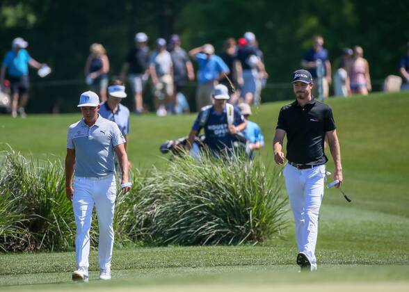 HUMBLE, TX - MARCH 31: Rickie Fowler (USA) and Sam Ryder (USA) approach on 2 during Round 3 of the Houston Open on March 31, 2018 at Golf Club of Houston in Humble, Texas. (Photo by Leslie Plaza Johnson Icon Sportswire) GOLF: MAR 31 PGA Golf Herren - Houston Open Icon18033128 EDITORIAL USE ONLY