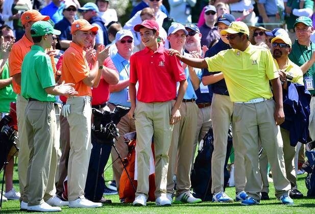 Brendan Valdes is congratulated after winning the boys 14-15 age group during the Drive Chip & Putt National Finals at Augusta National Golf Club during Masters week on April 1, 2018 in Augusta, Georgia.  AUG20180401320 KEVINxDIETSCH