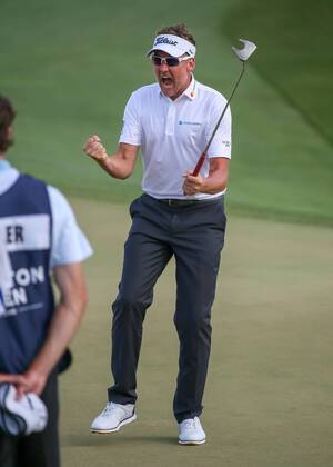 HUMBLE, TX - APRIL 01: Ian Poulter (GBR) celebrates after winning the championship in a playoff round with Beau Hossler (USA) during the final round of the Houston Open on April 1, 2018 at the Golf Club of Houston in Humble, Texas. (Photo by Leslie Plaza Johnson Icon Sportswire) GOLF: APR 01 PGA Golf Herren - Houston Open Icon180401288 EDITORIAL USE ONLY