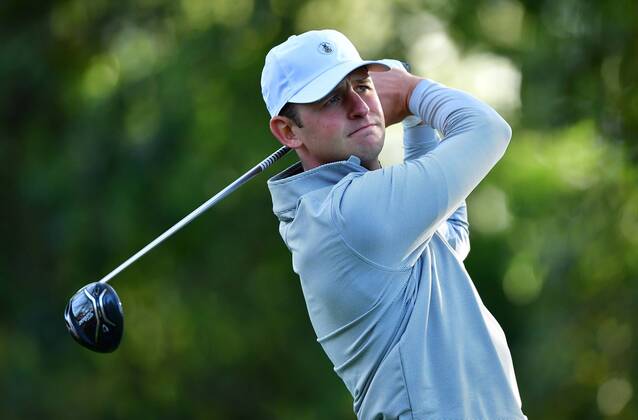 Matt Parziale watches his drive off the 2nd fairway during a practice round before the start of the Masters at Augusta National Golf Club, on April 2, 2018 in Augusta, Georgia.  AUG20180402306 KEVINxDIETSCH