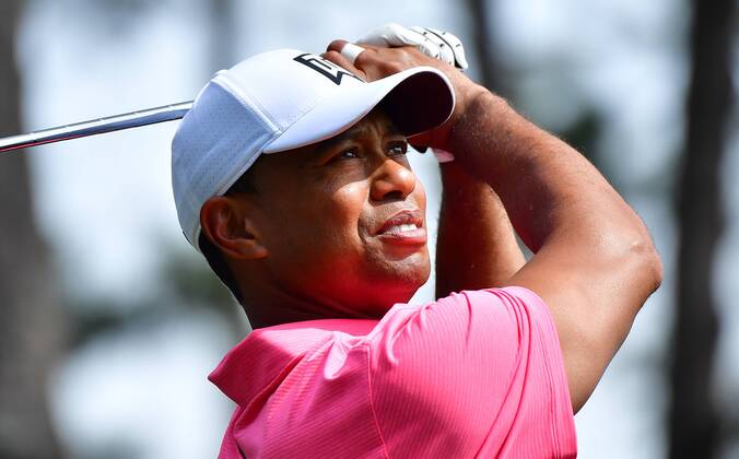 Tiger Woods watches his drive off of the 4th tee box during a practice round before the start of the Masters at Augusta National Golf Club, on April 2, 2018 in Augusta, Georgia.  AUG20180402329 KEVINxDIETSCH