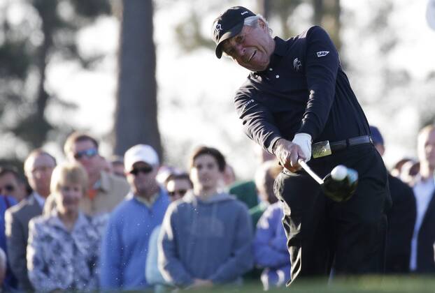 Honorary Starter Gary Player of South Africa hits a tee shot to begin the 1st round of the 2018 Masters Tournament at the Augusta National Golf Club in Augusta, Georgia, on April 5, 2018.  AUG20180405108 JOHNxANGELILLO