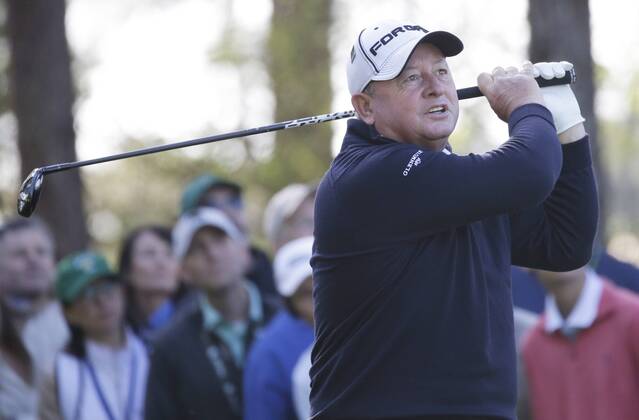 Ian Woosnam of Wales hits his tee shot on the 4th hole in the 1st round of the 2018 Masters Tournament at the Augusta National Golf Club in Augusta, Georgia, on April 5, 2018.  AUG20180405117 JOHNxANGELILLO