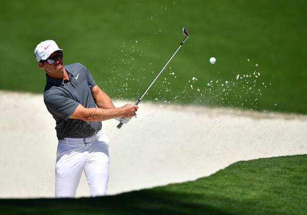 Paul Casey hits form a bunker on the 10th hole during the first round of the 2018 Masters Tournament at the Augusta National Golf Club in Augusta, Georgia, on April 5, 2018.  AUG20180405359 KEVINxDIETSCH