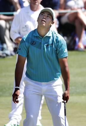 Golf: Matsuyama at Masters Hideki Matsuyama of Japan reacts after missing a bogey putt on the 14th hole during the first round of the Masters in Augusta, Georgia, on April 5, 2018. 